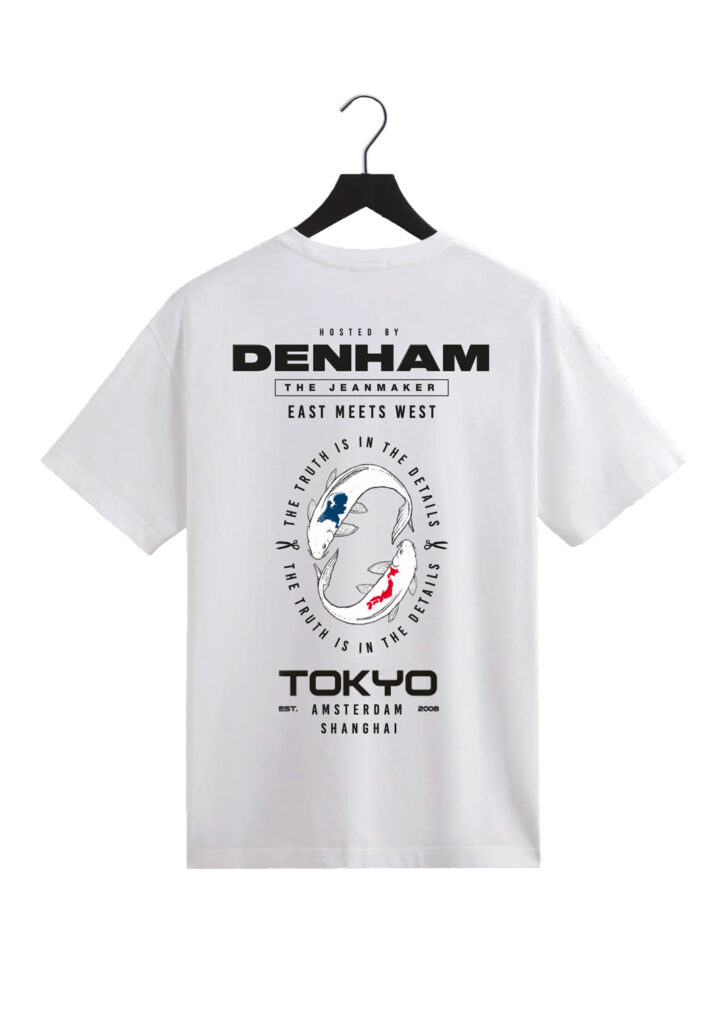 A t-shirt design featuring two koi in an oval shape. Instead of a regular koi pattern shape, one has the shape of a map of The Netherlands, while the other has one of Japan. The image is surrounded by typography.