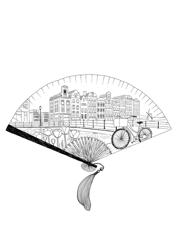 An illustration featuring a design of a Japanese folding fan, containing a landscape scene of Amsterdam. The scene contains buildings, a bridge, a bicycle, tulips and a windmill.