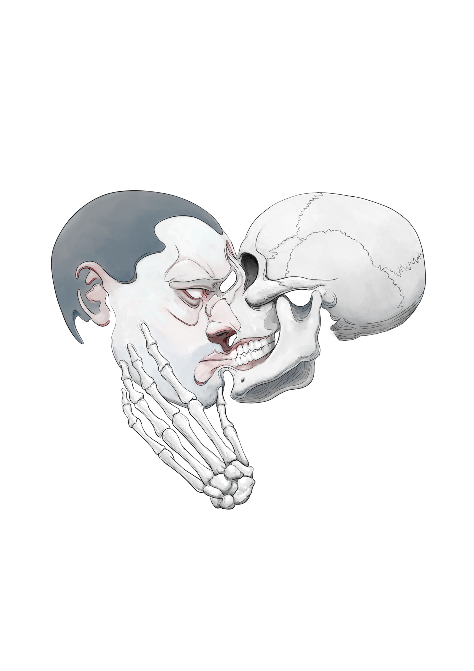 Digital illustration of a face kissing a skull. It includes a skeletal hand and the overall image shape suggests a heart.