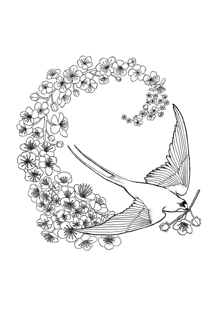 A black and white illustration of a swallow flying and holding a piece of cherry blossom in its beak. More cherry blossom forms a circular trail that gets smaller as it recedes into the background.