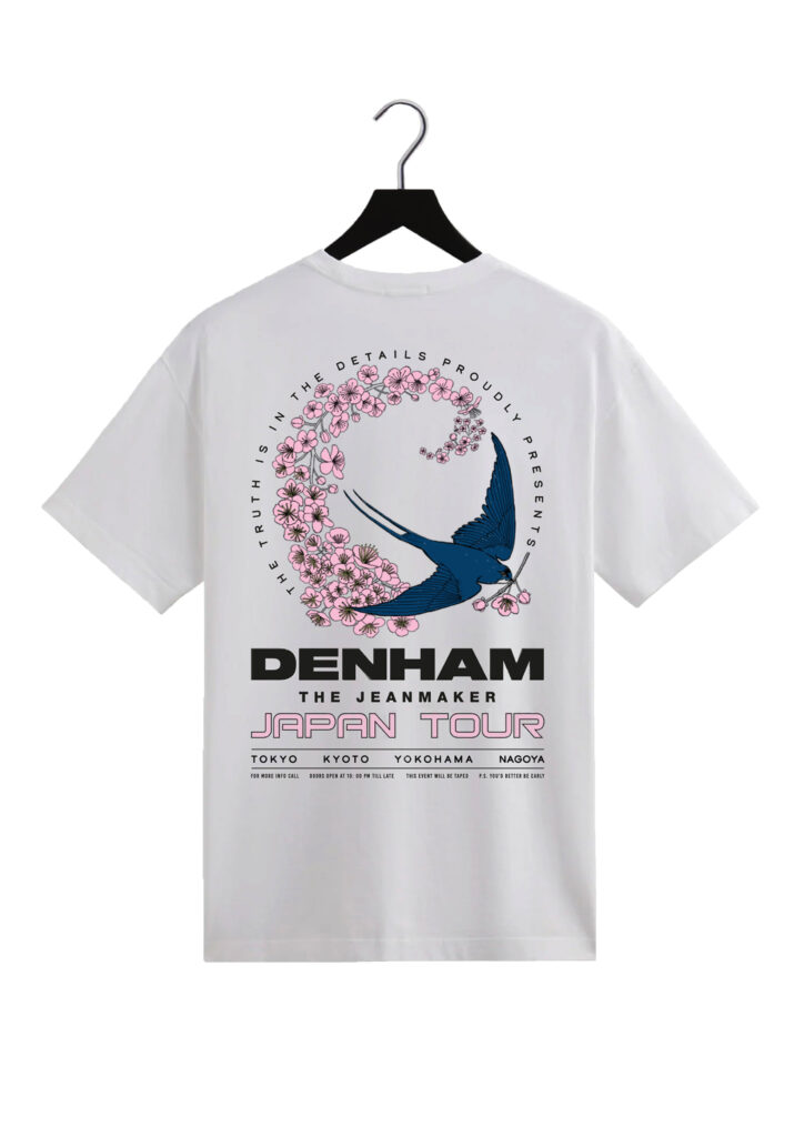 A colour version of the swallow with cherry blossom. There is typography around and underneath the illustration.