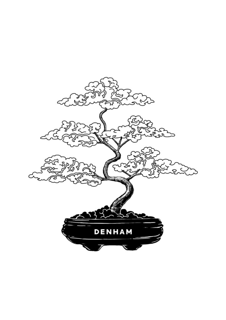An illustration of a bonsai. It is black and white and has 'DENHAM' written on the pot.