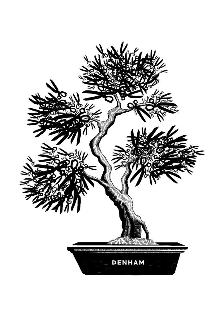 A black and white illustration of a bonsai tree, utilising the 'scissor' logo of Denham as the leaves.
