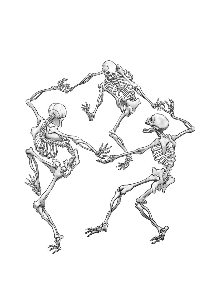 An illustration of three dancing skeletons.