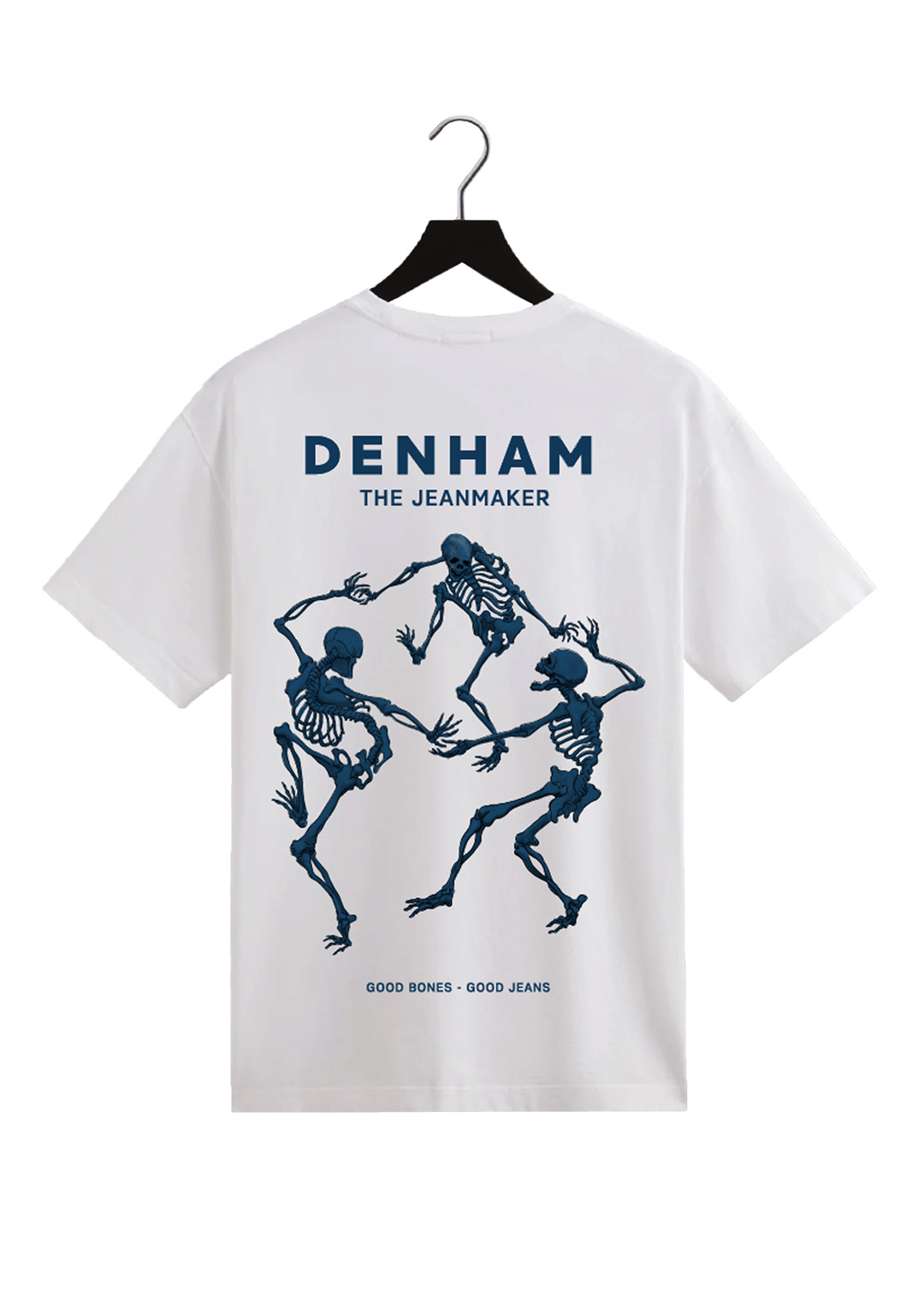 An image of the back of a Denham t-shirt. It contains an illustration of three, blue skeletons, dancing hand in hand. Inspired by 'danse macabre'.