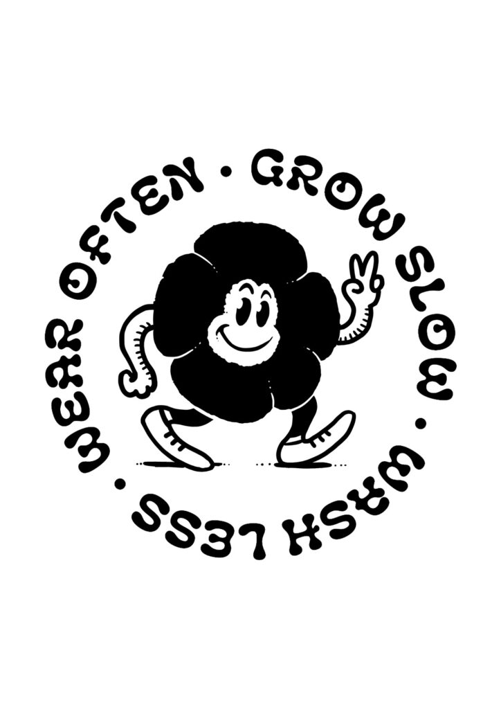 A drawing of a cartoon character, based on an indigo flower. Around the character is typography that says 'grow slow. wash less. wear often'