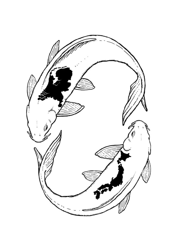 An illustration of two koi in an oval shape. Instead of a regular koi pattern shape, one has the shape of a map of The Netherlands, while the other has one of Japan.