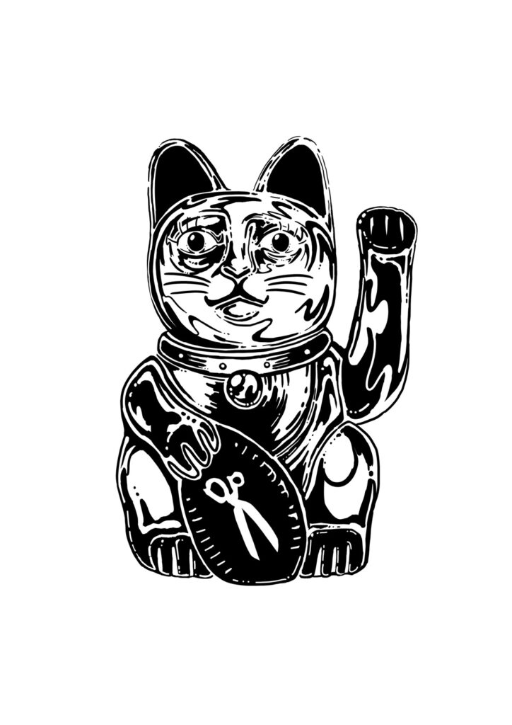 An illustration of a metal maneki-neko (beckoning/lucky cat). It is holding a coin counting the Denham 'scissor' logo.
