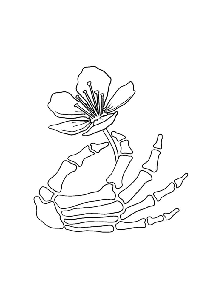 A line drawing of a skeleton hand holding a flower.